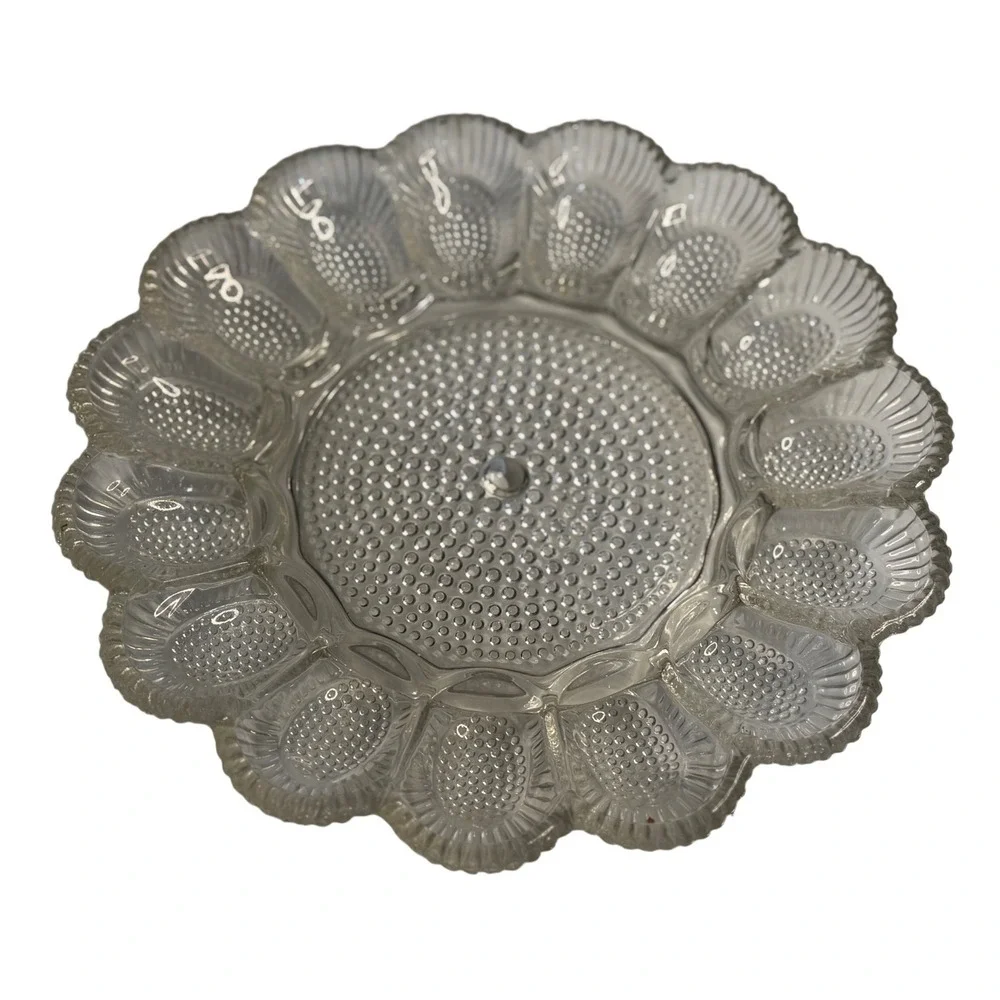 VTG Indiana Glass Deviled Egg Plate Clear Hobnail Scalloped Edge Platter 11 Inch
